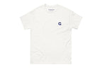 White t-shirt with a small Q logo on a white background