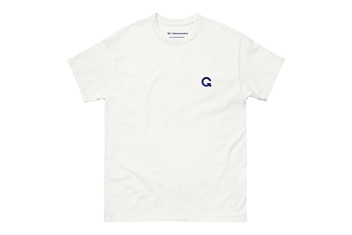 White t-shirt with a small Q logo on a white background