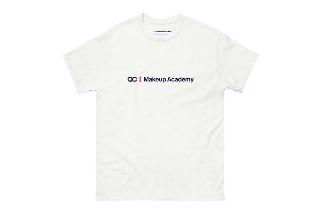 White t-shirt with 'QC Makeup Academy' text on a white background