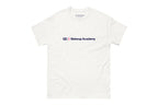 White t-shirt with 'QC Makeup Academy' text on a white background