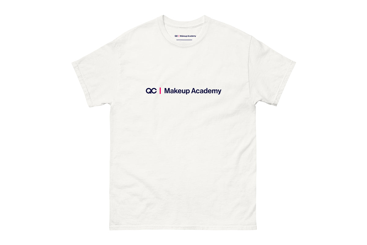 White t-shirt with 'QC Makeup Academy' text on a white background