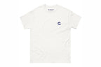 White t-shirt with a small Q logo on a white background