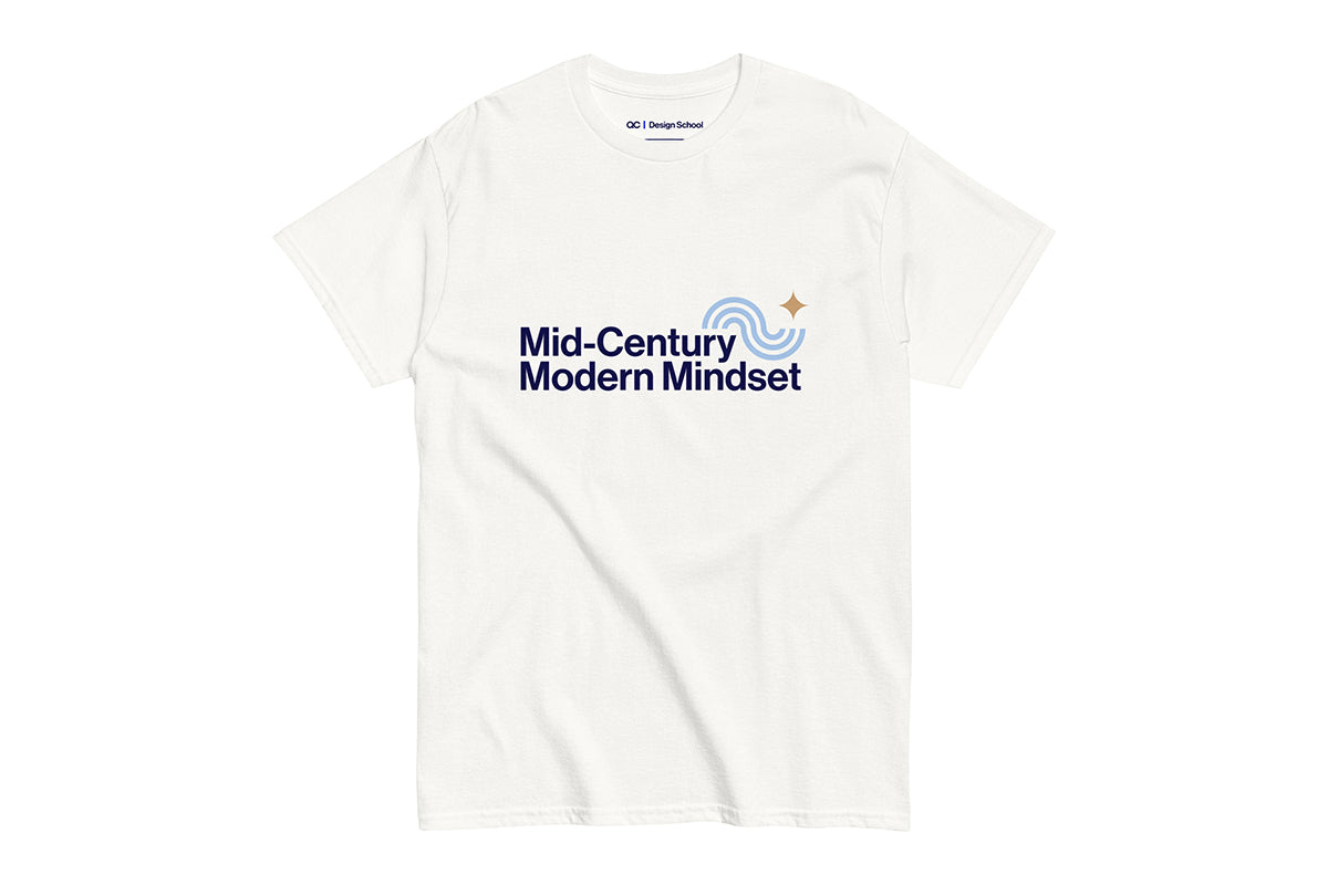 White t-shirt with 'Mid-Century Modern Mindset' text on a white background