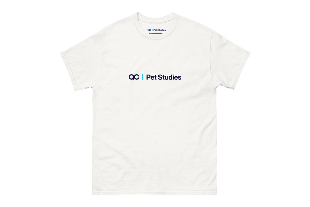 White t-shirt with 'QC Pet Studies' text on a white background
