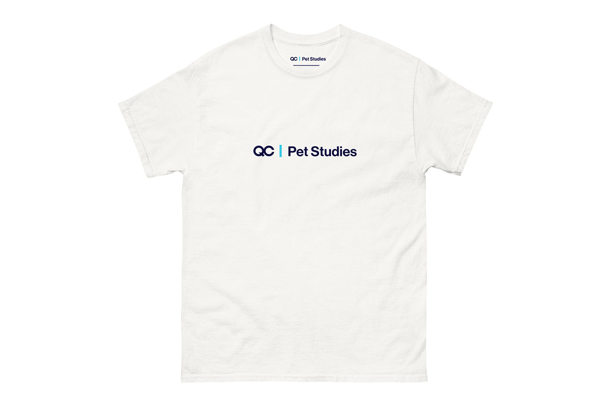 White t-shirt with 'QC Pet Studies' text on a white background