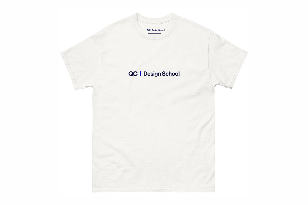 White t-shirt with 'QC Design School' logo on a white background