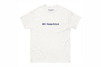 White t-shirt with 'QC Design School' logo on a white background