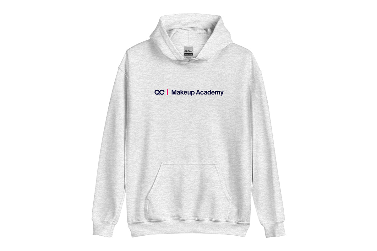Gray hoodie with 'QC Makeup Academy' text on a white background