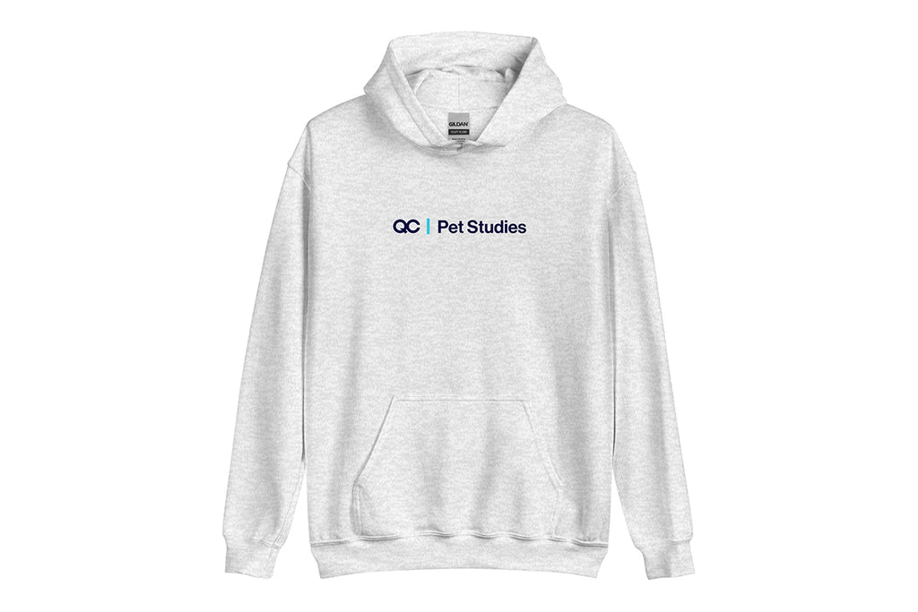 Gray hoodie with 'QC Pet Studies' text on a white background