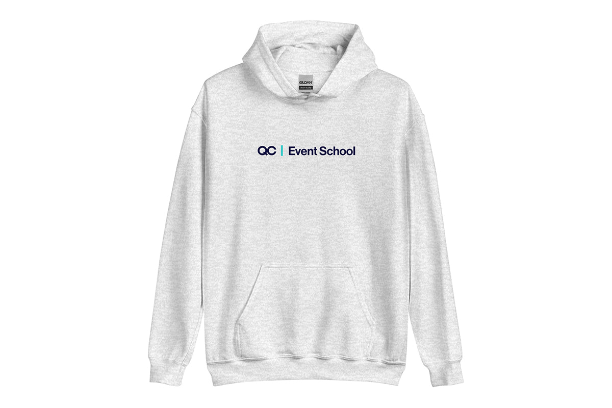 Grey hoodie with 'QC Event School' logo on a white background