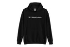 Black hoodie with 'QC Makeup Academy' text on a white background