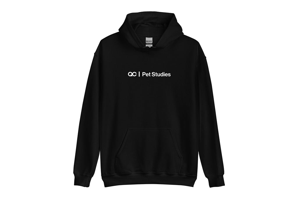 Black hoodie with 'QC Pet Studies' text on a white background