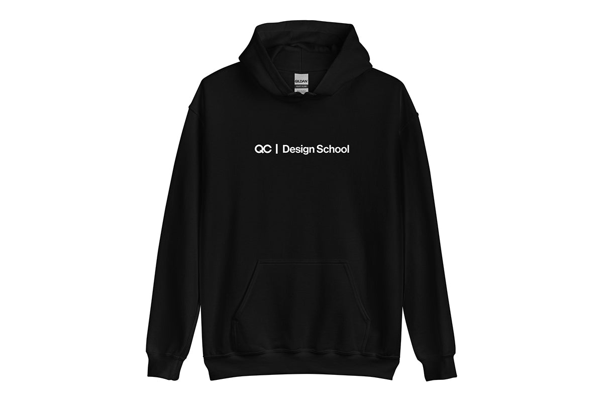 Black hoodie with 'QC Design School' text on a white background