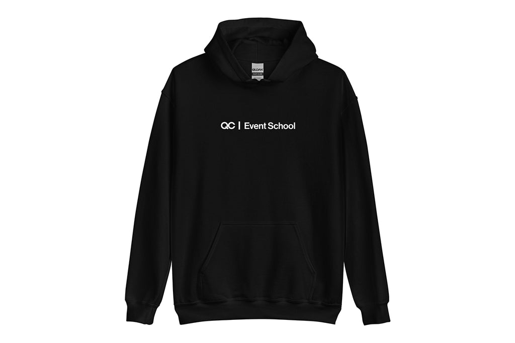 Black hoodie with 'QC Event School' text on a white background