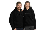 Two people wearing black hoodies with 'QC Event School' logo on a white background