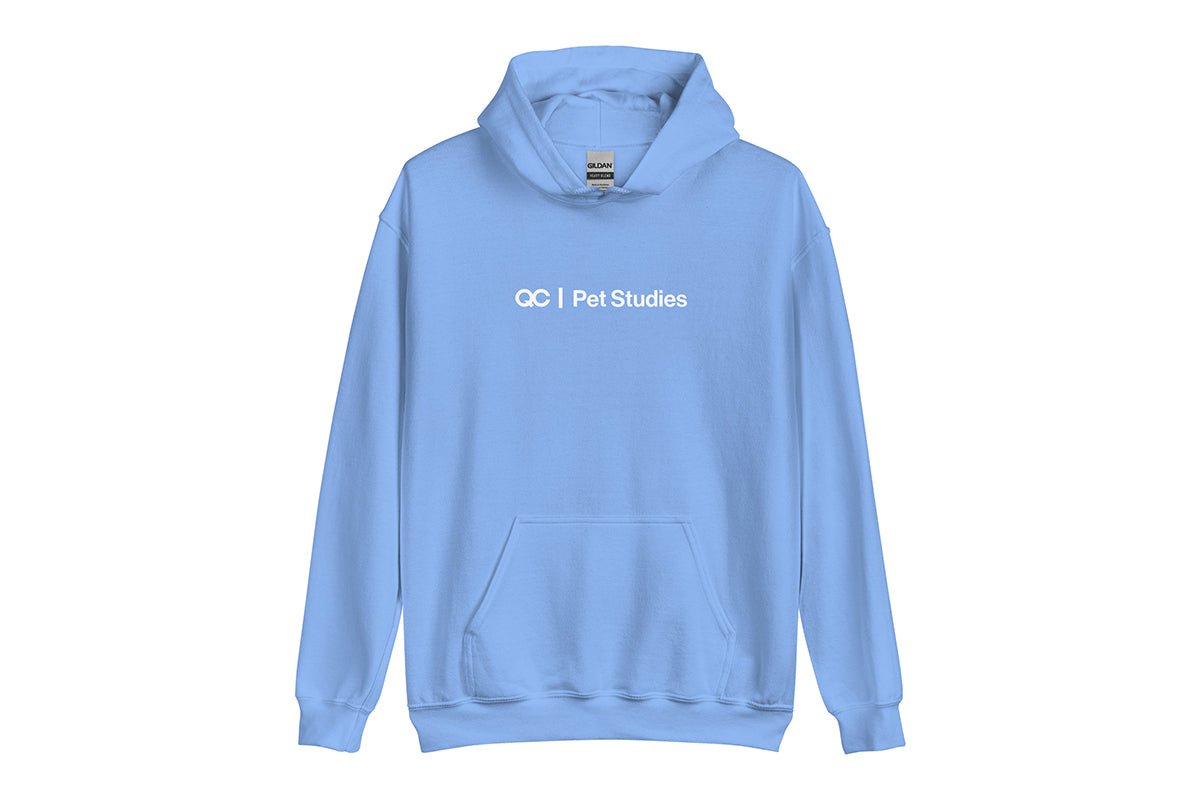 Light blue hoodie with 'QC Pet Studies' text on a white background