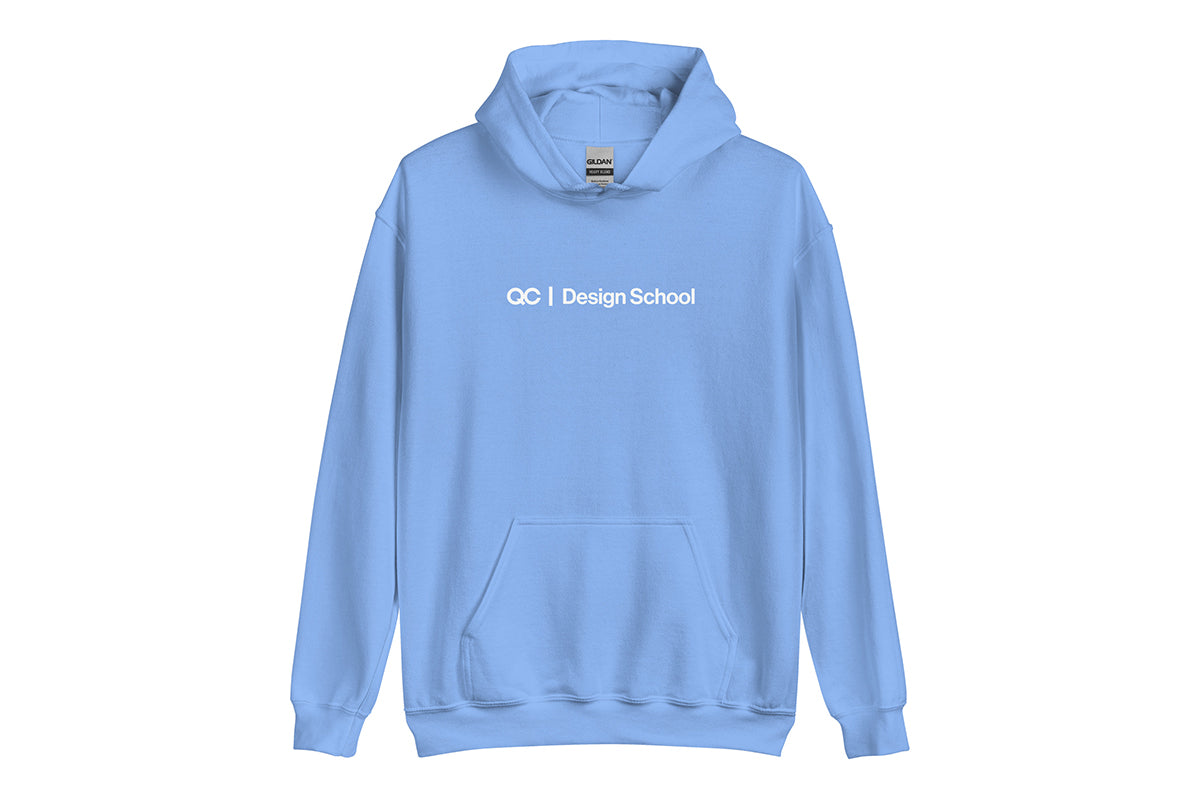 Light blue hoodie with 'QC Design School' text on a white background