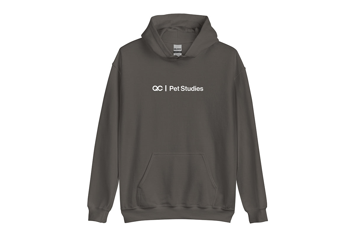 Gray hoodie with 'QC Pet Studies' text on a white background