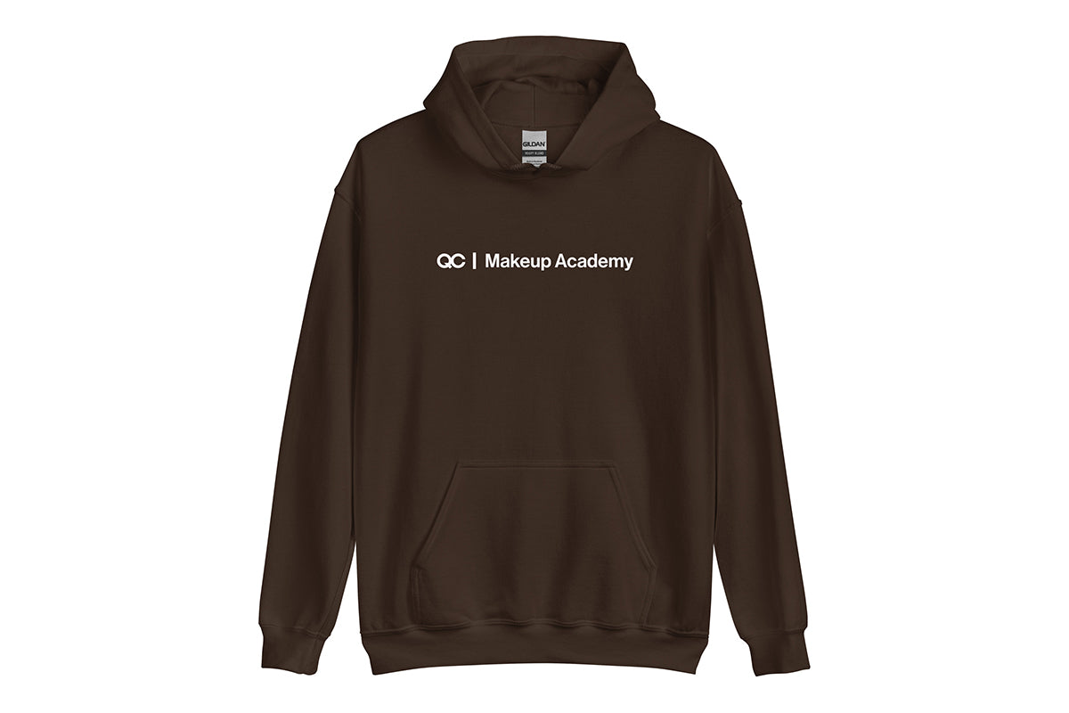 Chocolate hoodie with 'QC Makeup Academy' text on a white background