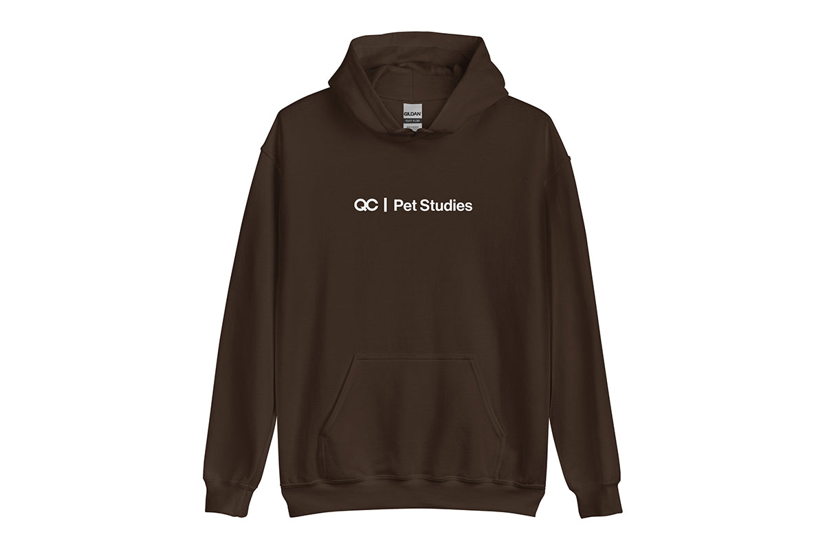 Brown hoodie with 'QC Pet Studies' text on a white background