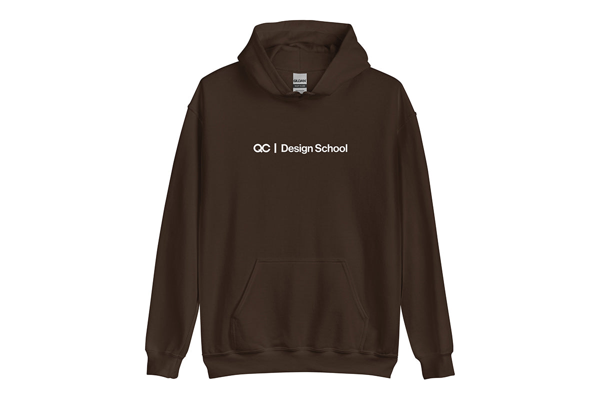Brown hoodie with 'QC Design School' text on a white background