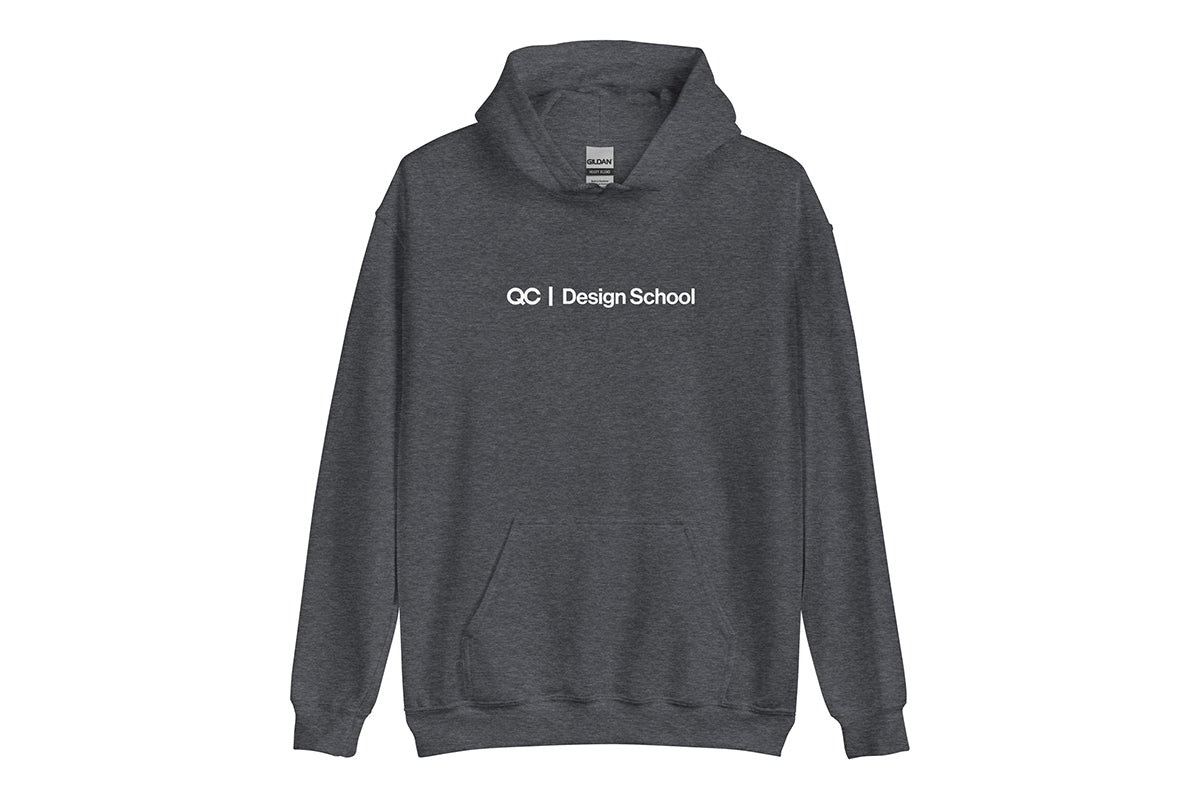 Grey hoodie with 'QC Design School' text on a white background