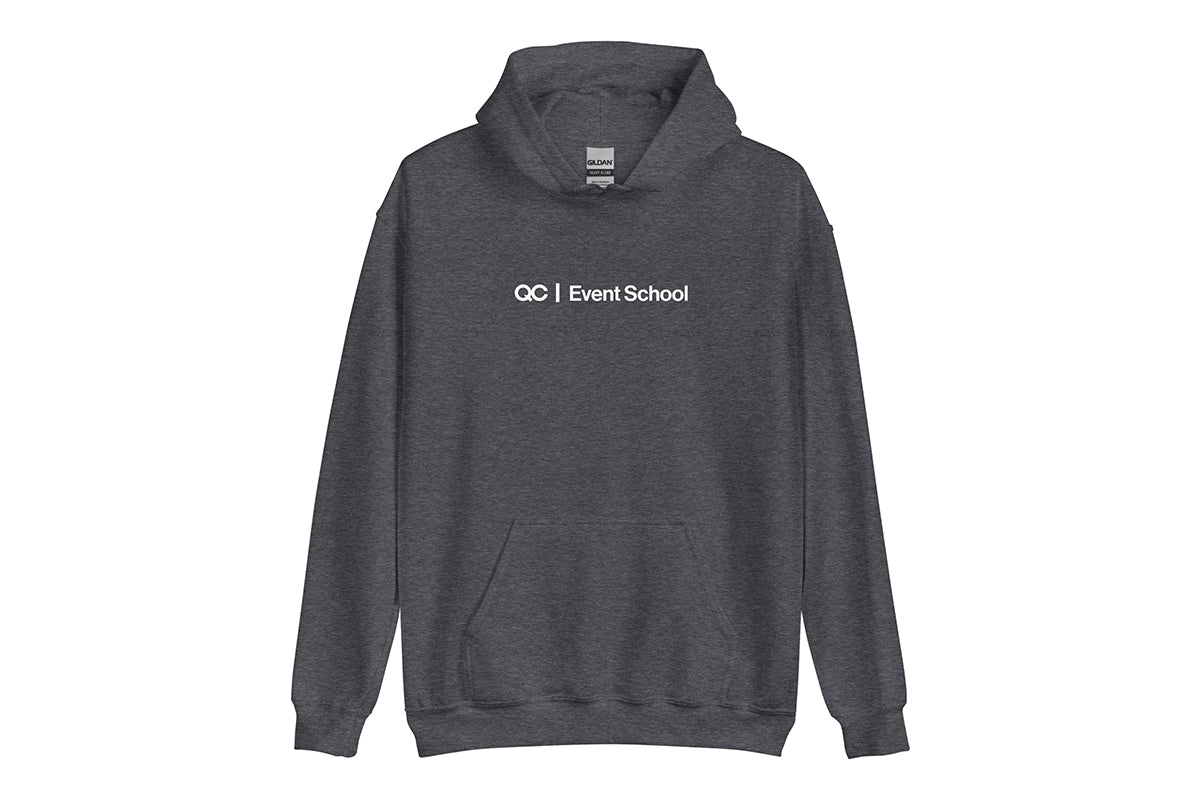Gray hoodie with 'QC Event School' text on a white background