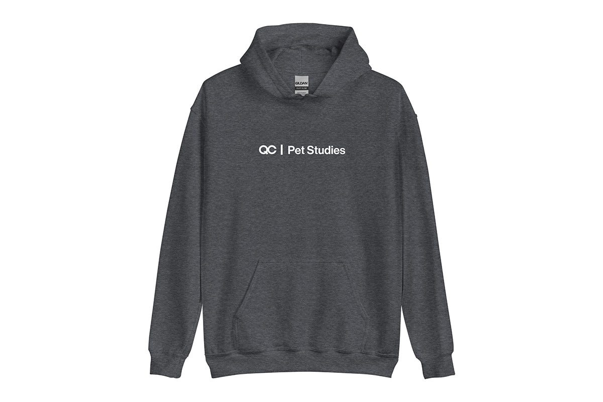 Gray hoodie with 'QC Pet Studies' text on a white background