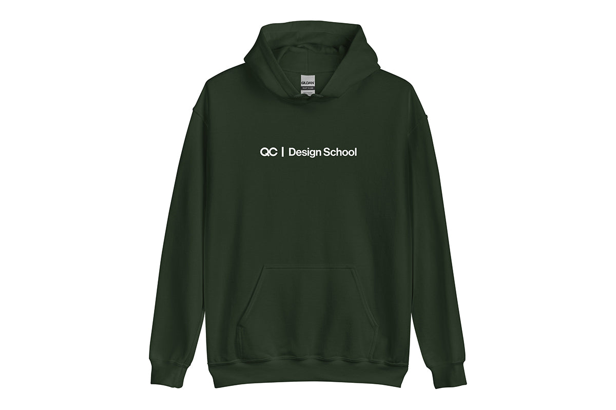 Green hoodie with 'QC Design School' text on a white background