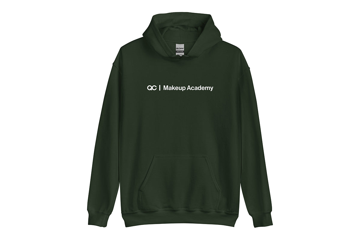 Green hoodie with 'QC Makeup Academy' text on a white background