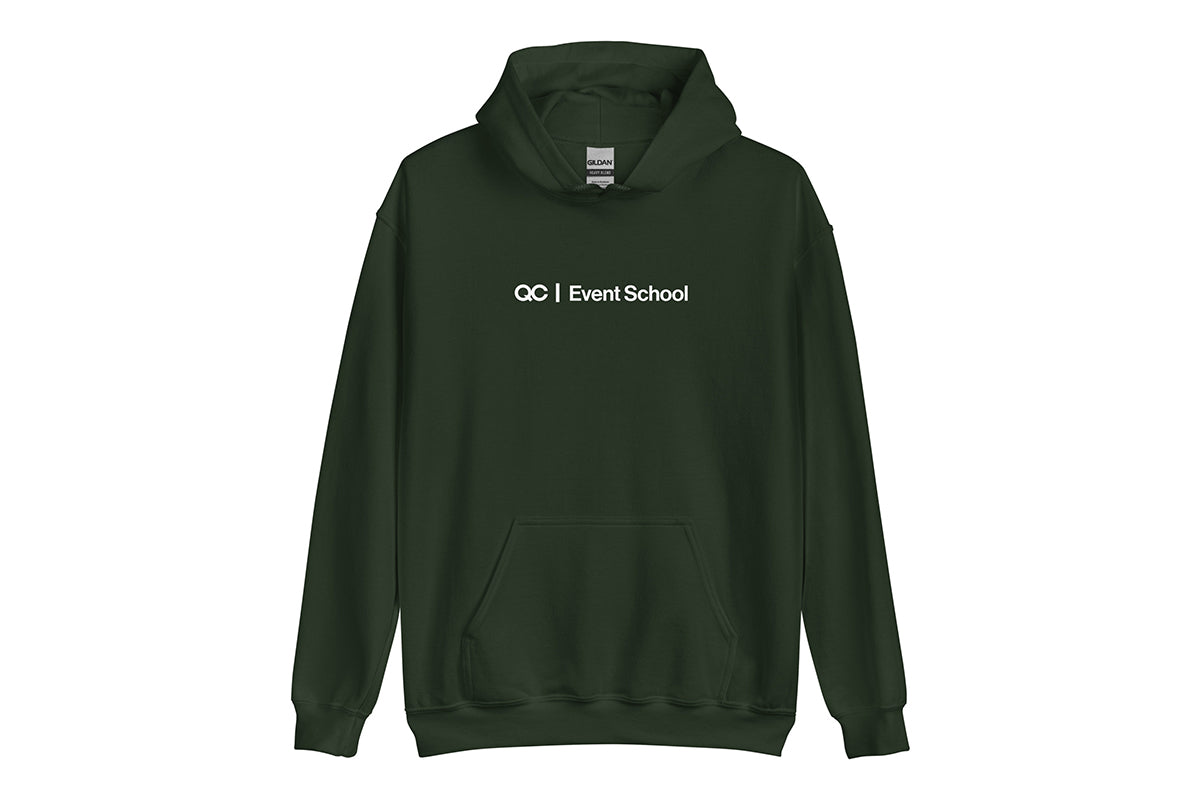 Dark green hoodie with 'QC Event School' text on a white background
