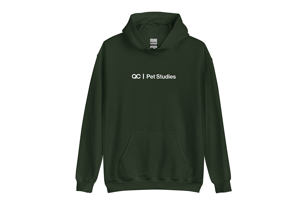 Dark green hoodie with 'QC Pet Studies' text on a white background