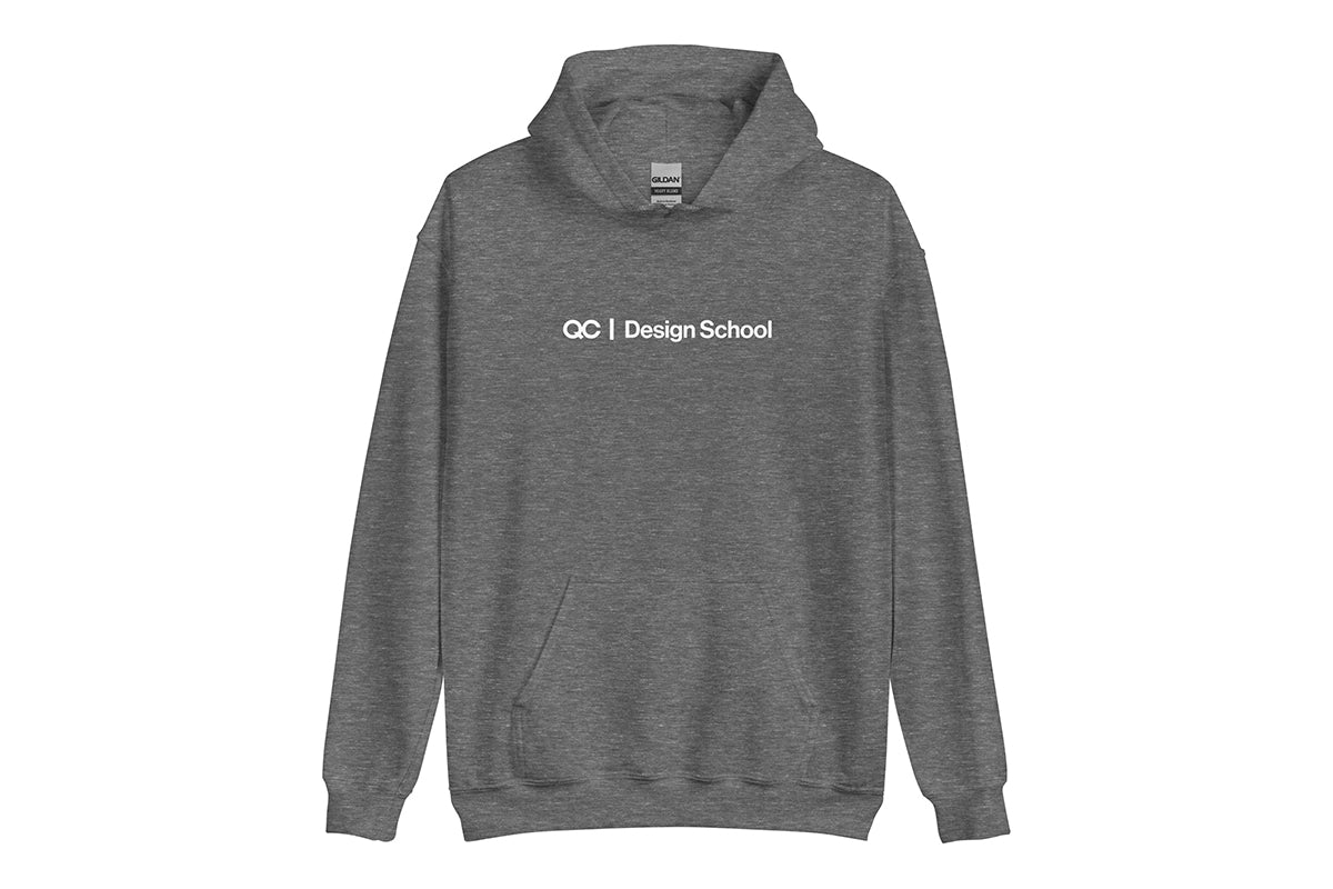 Gray hoodie with 'QC Design School' text on a white background