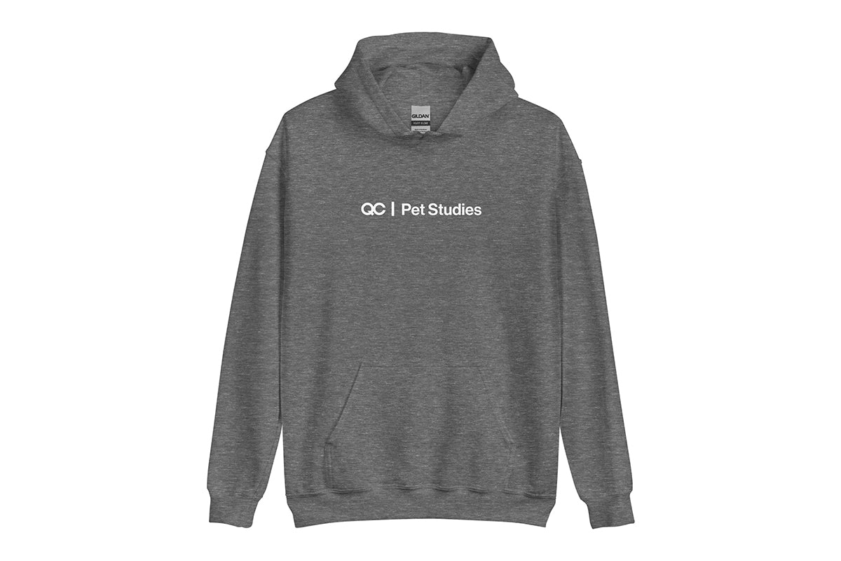 Gray hoodie with 'QC Pet Studies' text on a white background