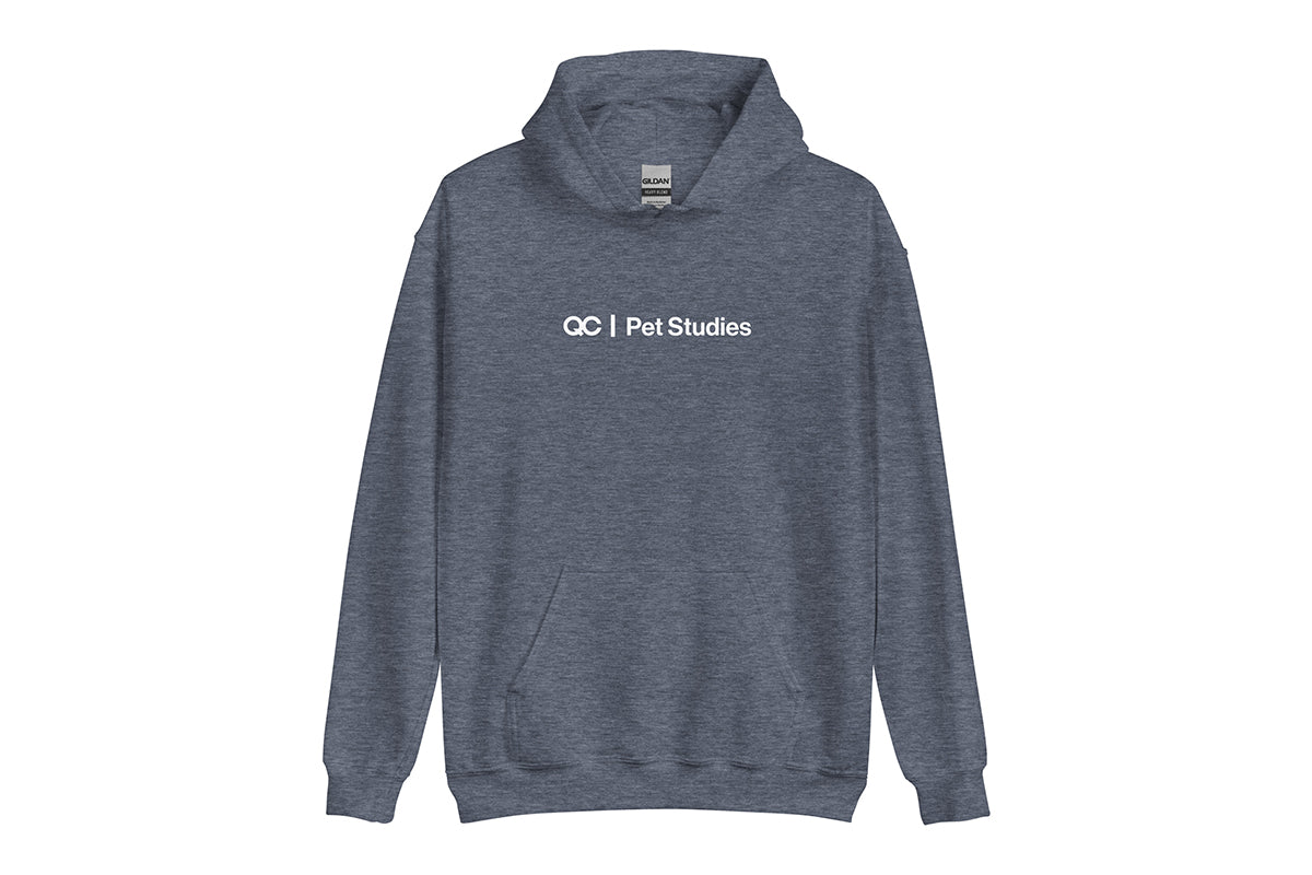 Gray hoodie with 'QC Pet Studies' text on a white background