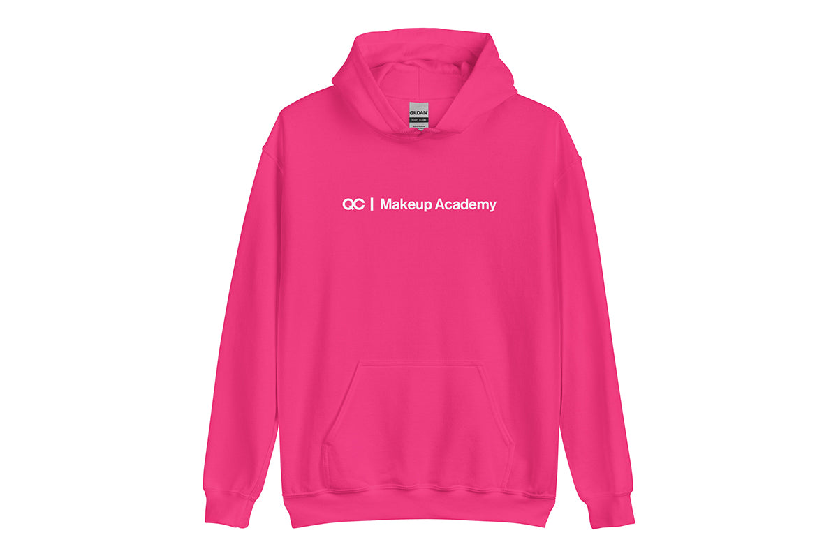 Pink hoodie with 'QC Makeup Academy' text on a white background