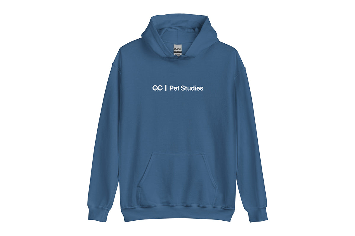 Blue hoodie with 'QC Pet Studies' text on a white background