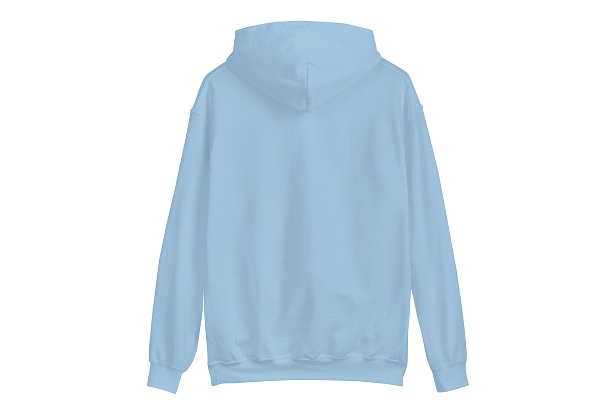 Light blue hoodie back on a white background