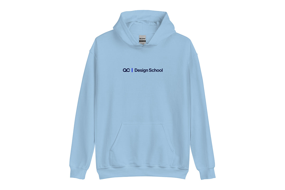 Light blue hoodie with 'QC Design School' text on a white background