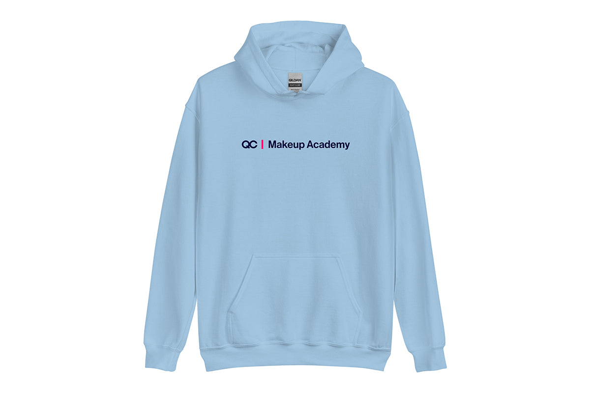 Light blue hoodie with 'QC Makeup Academy' text on a white background