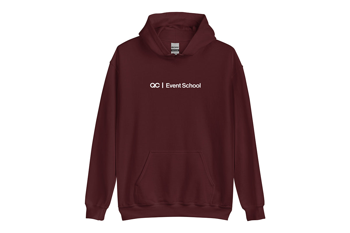 Maroon hoodie with 'QC Event School' text on a white background