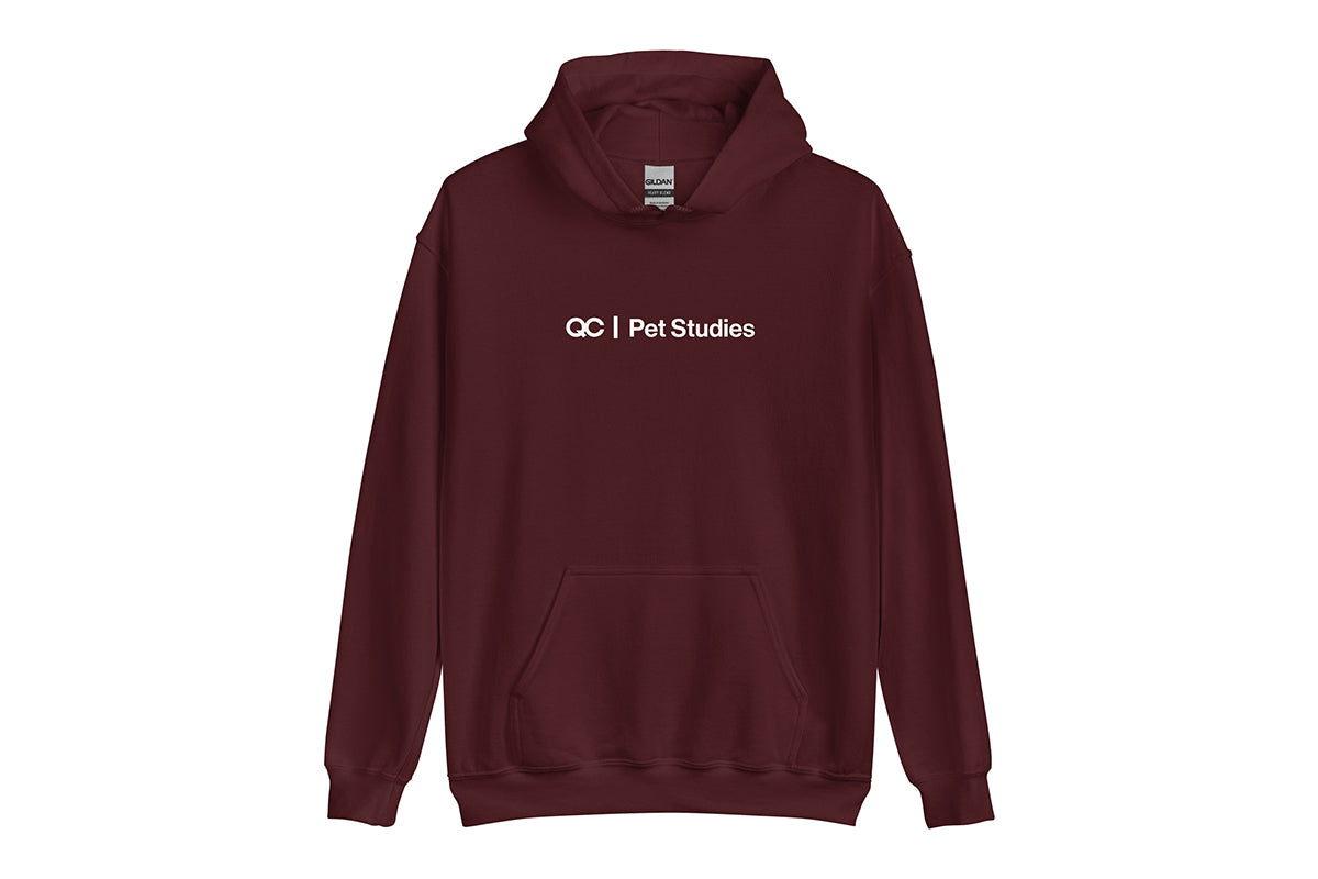 Maroon hoodie with 'QC Pet Studies' text on a white background