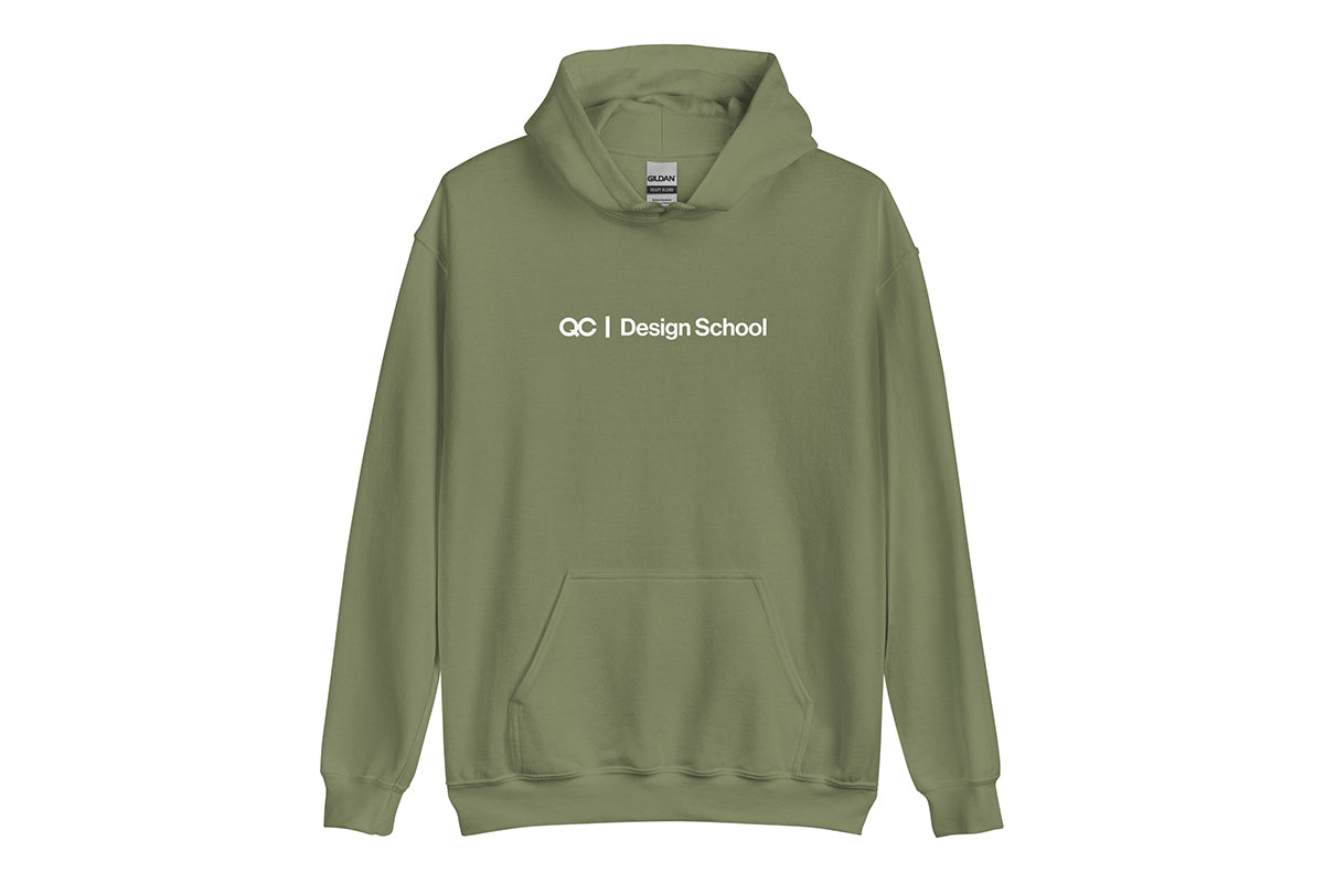 Green hoodie with 'QC Design School' text on a white background