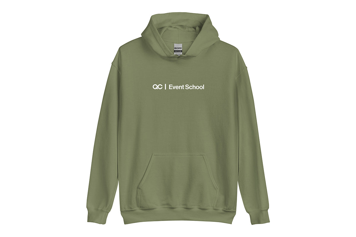 Green hoodie with 'QC Event School' text on a white background