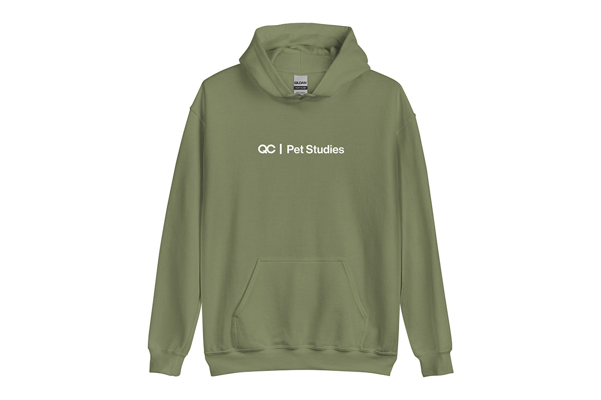 Green hoodie with 'QC Pet Studies' text on a white background