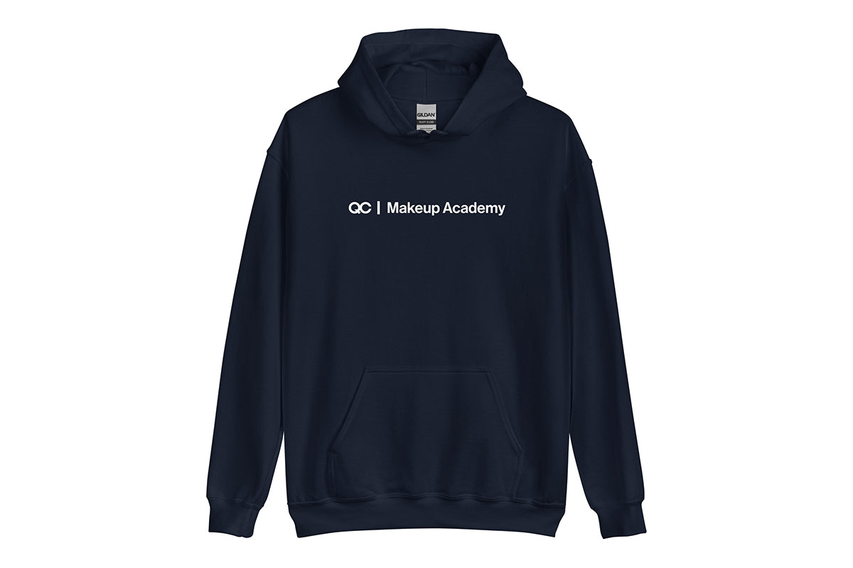 Dark hoodie with 'QC Makeup Academy' text on a white background