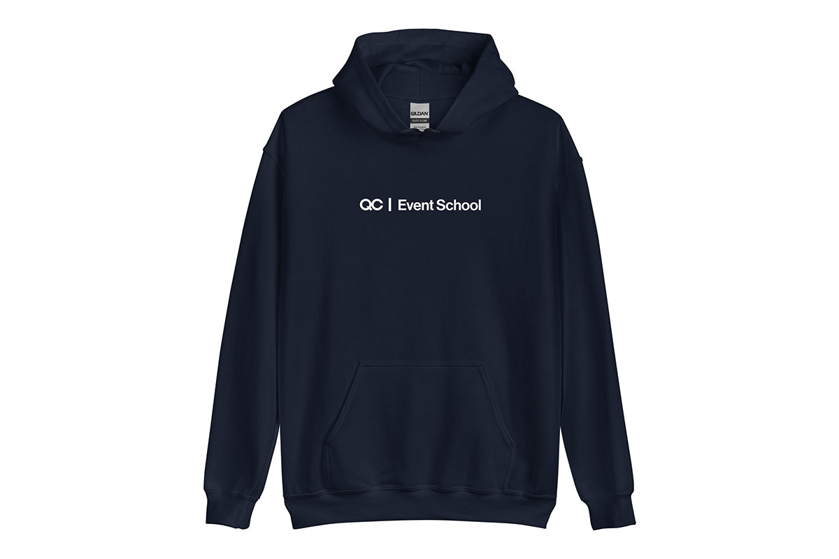 Navy hoodie with 'QC Event School' text on a white background