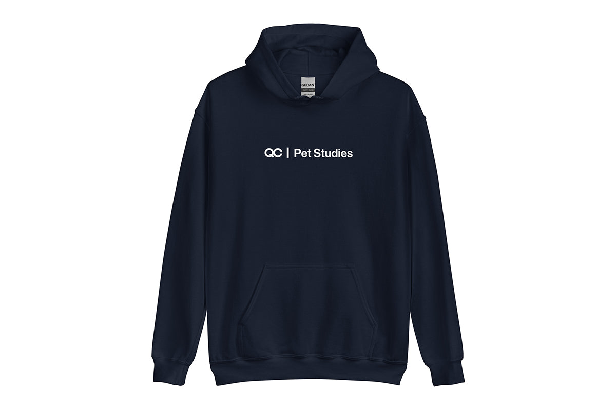 Navy blue hoodie with 'QC Pet Studies' text on a white background