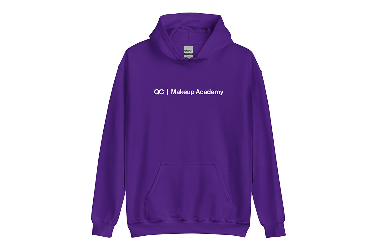 Purple hoodie with 'QC Makeup Academy' text on a white background