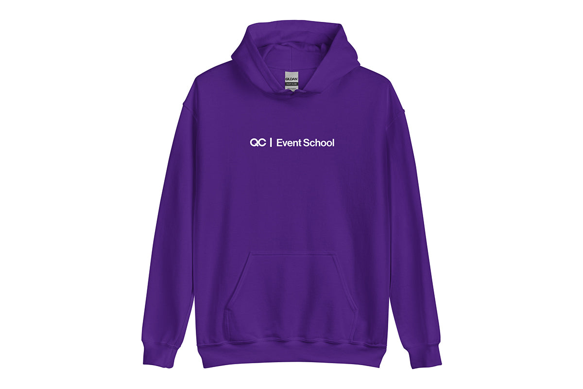 Purple hoodie with 'QC Event School' text on a white background